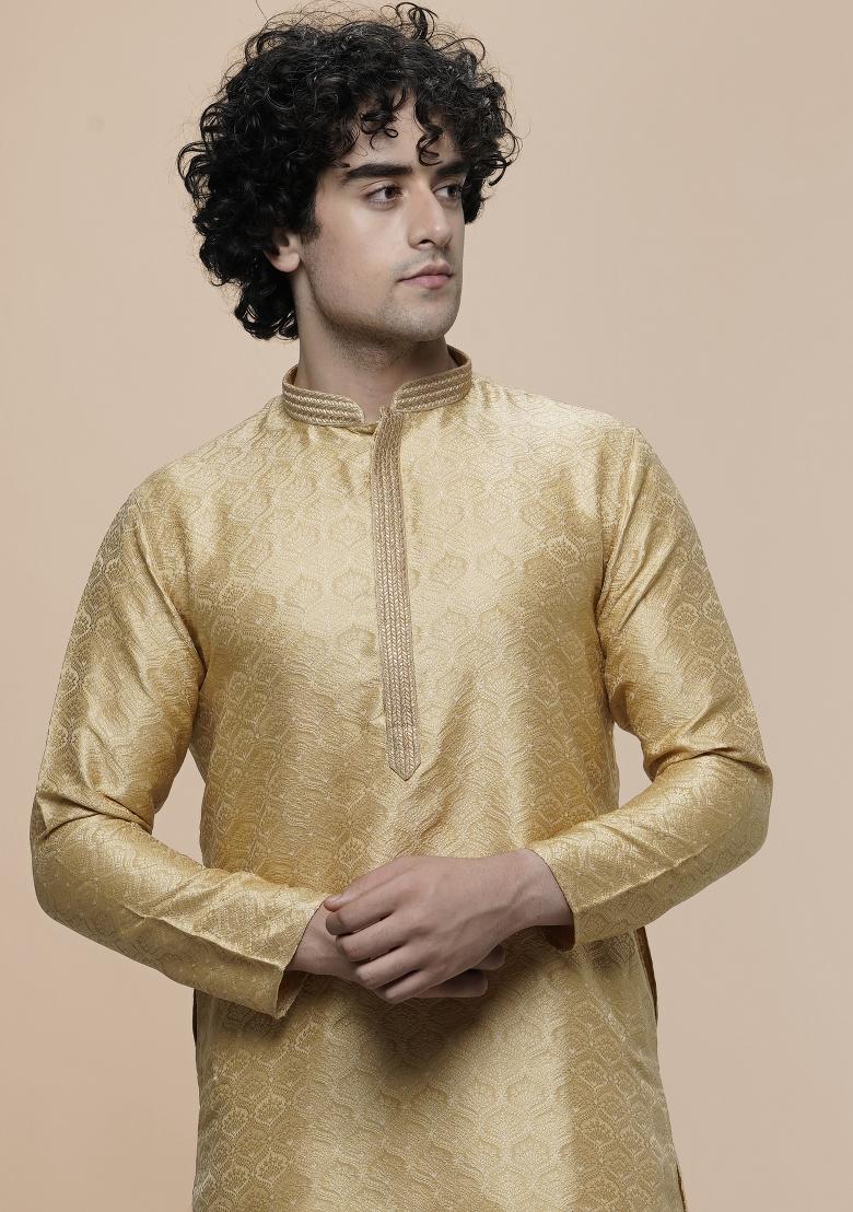 Gold Floral Print Cotton Blend Kurta For Men