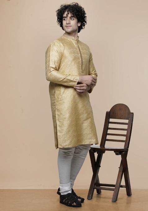 Gold Floral Print Cotton Blend Kurta For Men