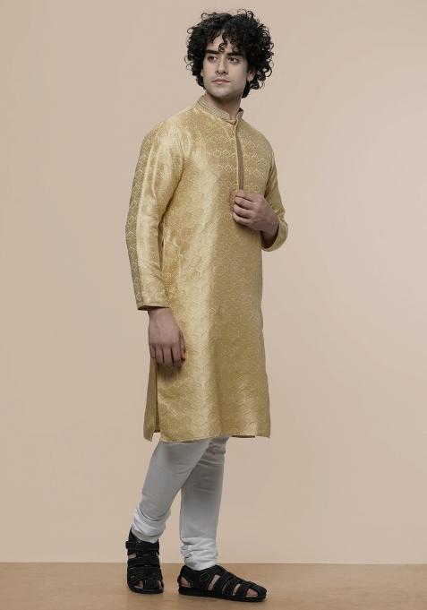 Gold Floral Print Cotton Blend Kurta For Men