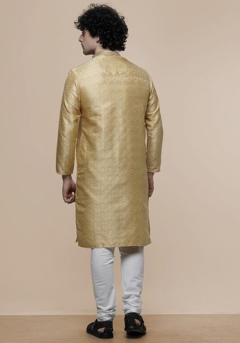 Gold Floral Print Cotton Blend Kurta For Men