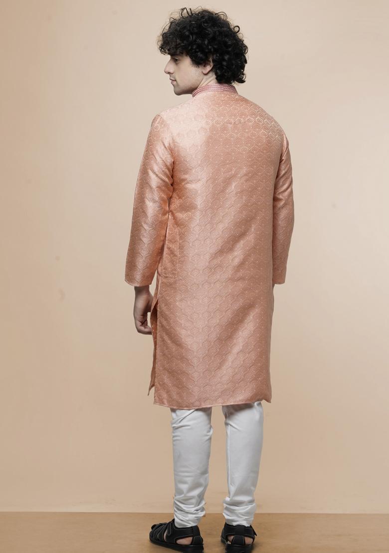 Peach Floral Print Cotton Blend Kurta For Men