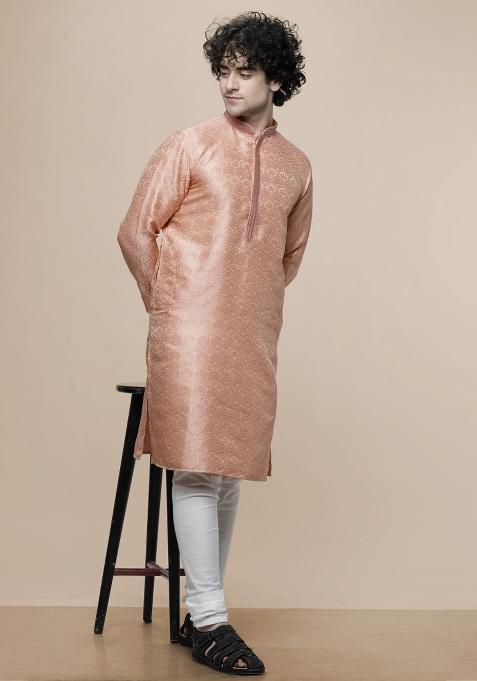 Peach Floral Print Cotton Blend Kurta For Men