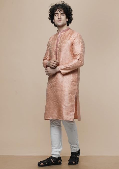 Peach Floral Print Cotton Blend Kurta For Men