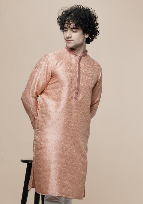 Peach Floral Print Cotton Blend Kurta For Men