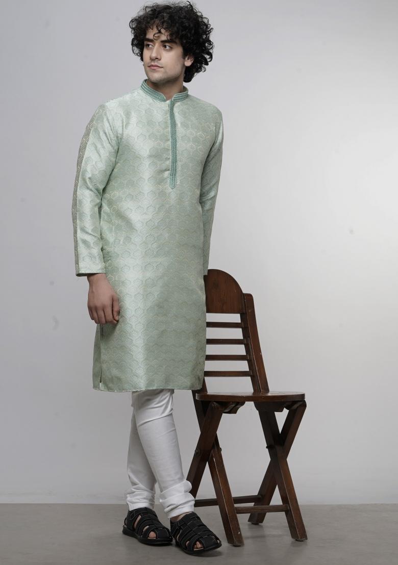 Sea Green Floral Print Cotton Blend Kurta For Men