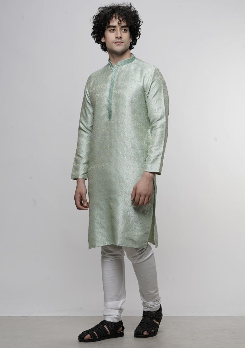 Sea Green Floral Print Cotton Blend Kurta For Men