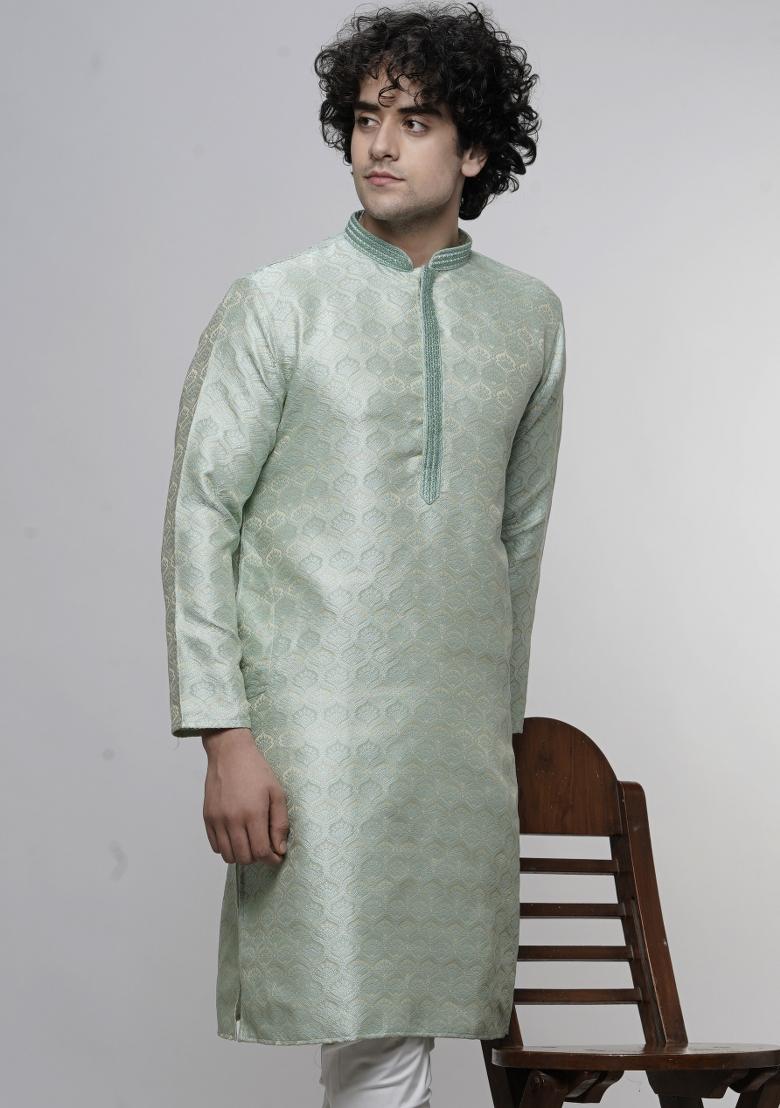 Sea Green Floral Print Cotton Blend Kurta For Men