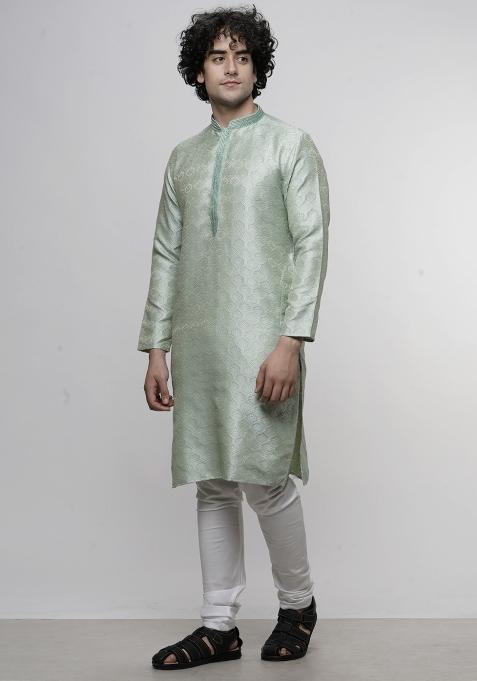 Sea Green Floral Print Cotton Blend Kurta For Men