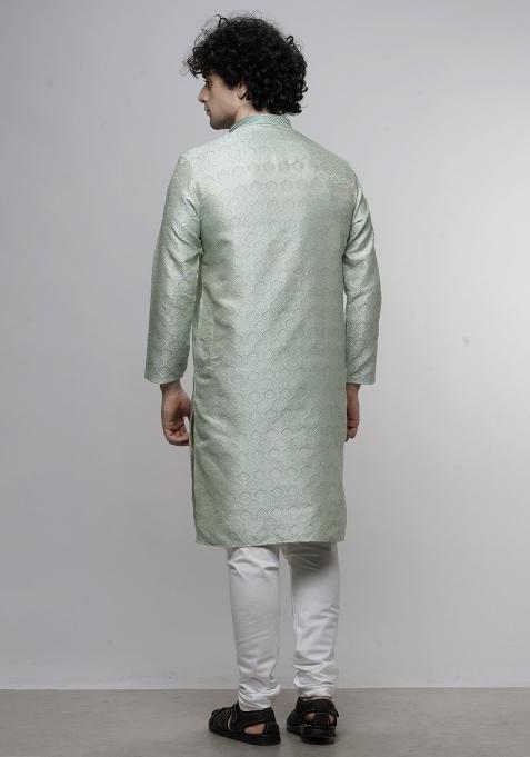 Sea Green Floral Print Cotton Blend Kurta For Men
