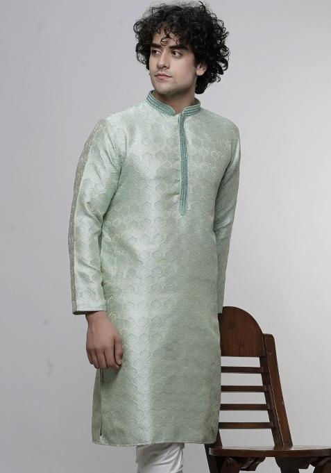 Sea Green Floral Print Cotton Blend Kurta For Men