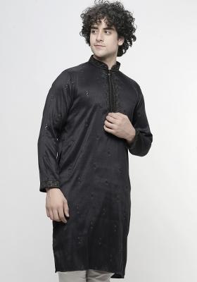 Black Embroidered Art Silk Kurta For Men