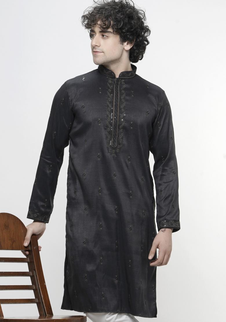 Black Embroidered Art Silk Kurta For Men - Indya