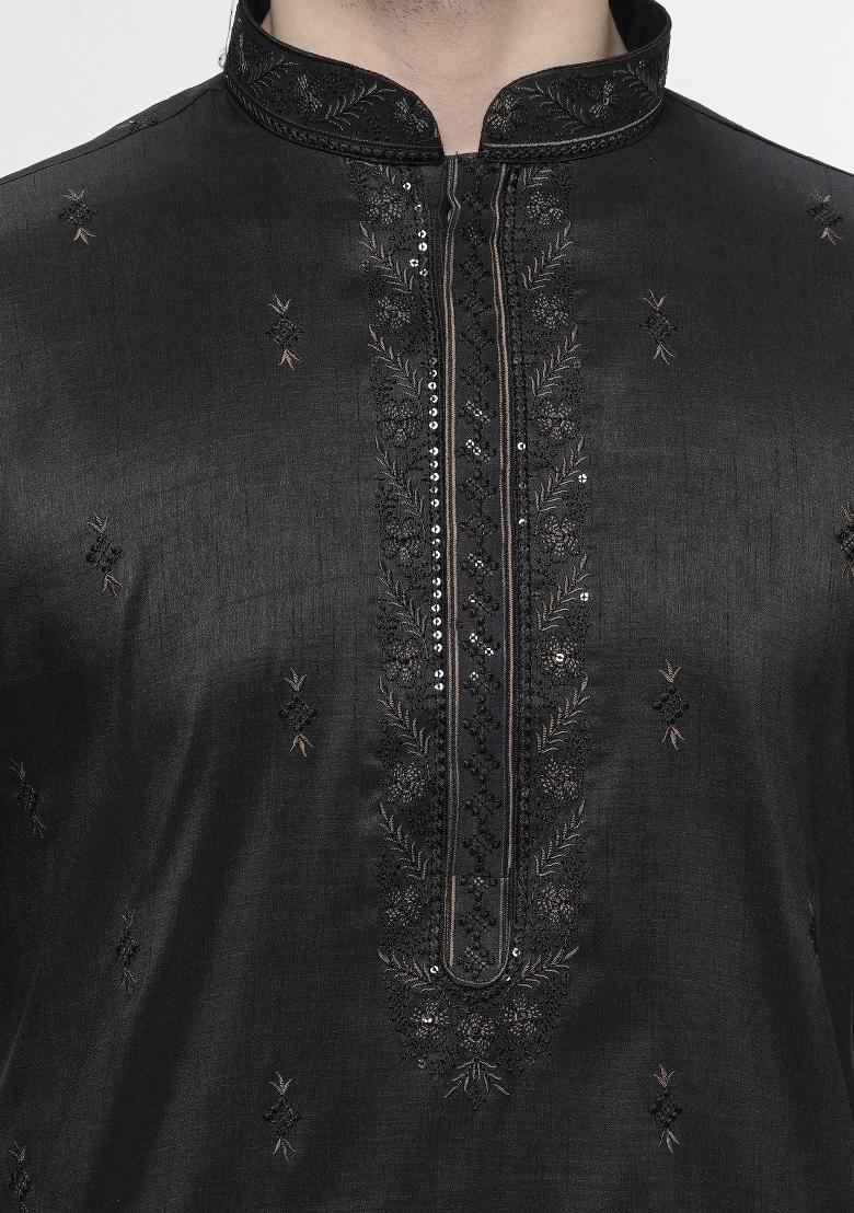 Black Embroidered Art Silk Kurta For Men - Indya