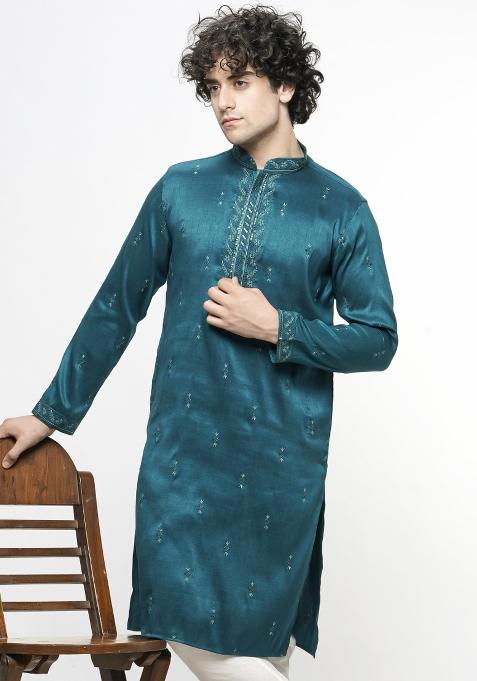 Green Embroidered Art Silk Kurta For Men — view on Indya