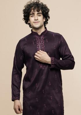 Maroon Embroidered Art Silk Kurta For Men