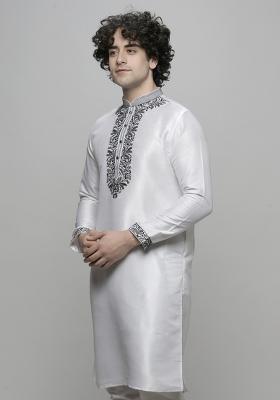 White Embroidered Art Silk Kurta For Men