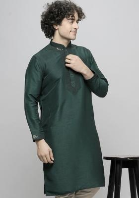 Bottle Green Embroidered Art Silk Kurta For Men