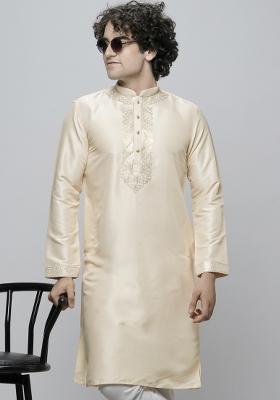 Cream Embroidered Art Silk Kurta For Men