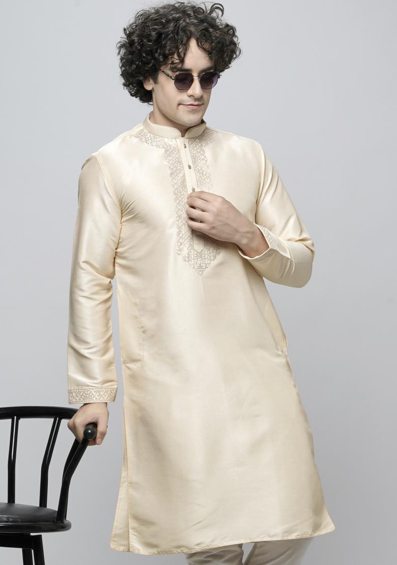 Cream Embroidered Art Silk Kurta For Men - Indya