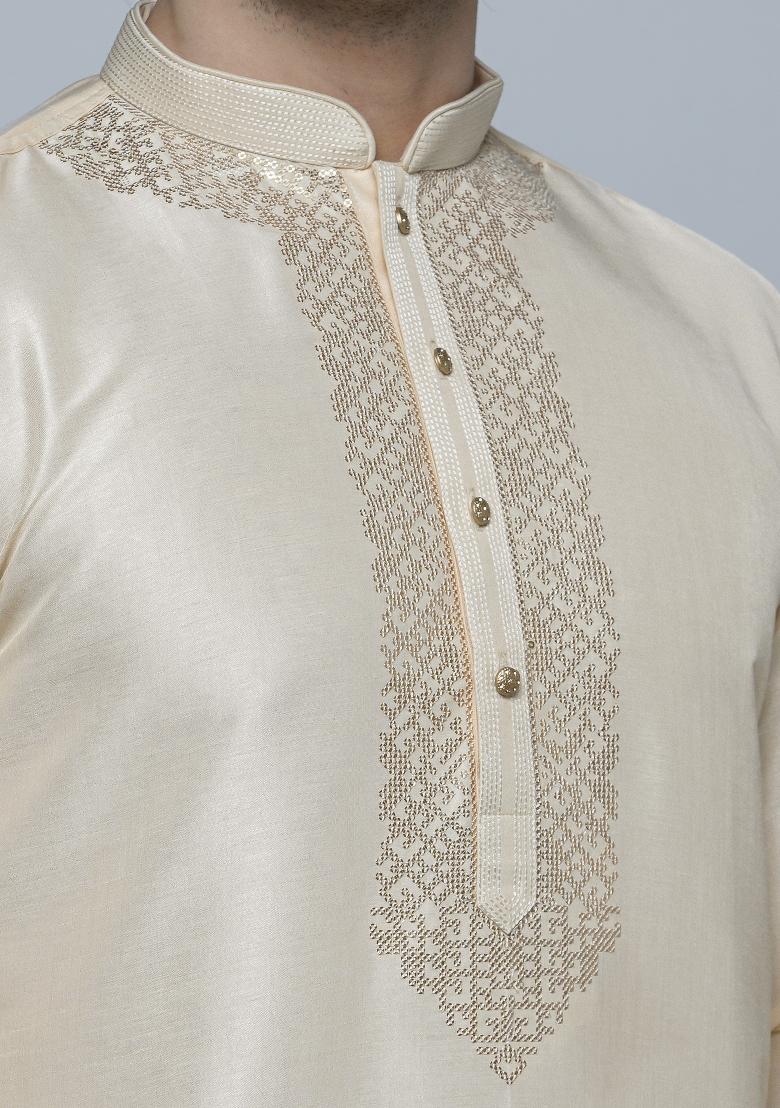 Cream Embroidered Art Silk Kurta For Men - Indya