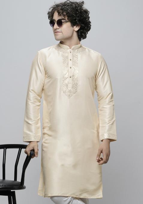 Cream Embroidered Art Silk Kurta For Men