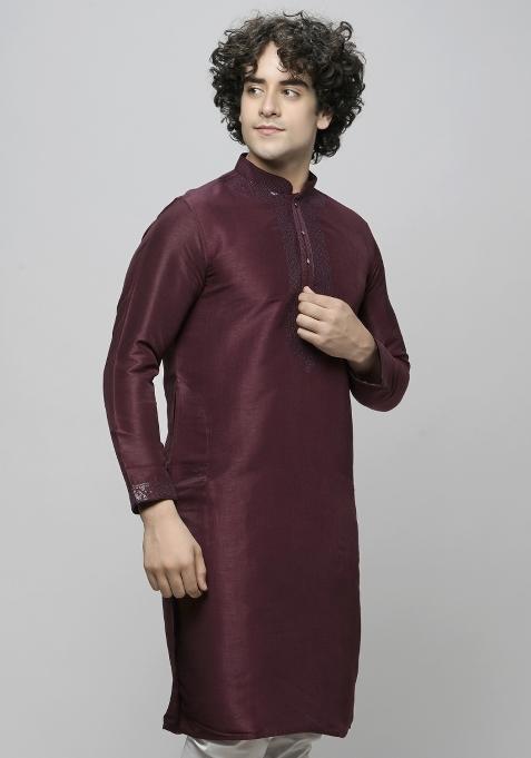 Maroon Embroidered Art Silk Kurta For Men