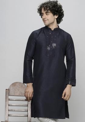 Navy Blue Embroidered Art Silk Kurta For Men