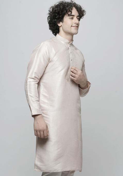 Peach Embroidered Art Silk Kurta For Men