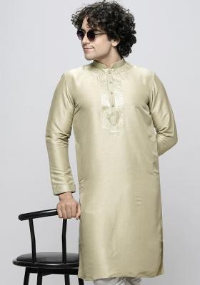 Pista Green Embroidered Art Silk Kurta For Men