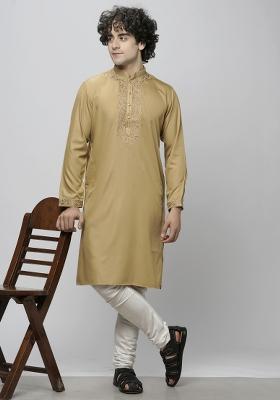 Beige Embroidered Cotton Blend Kurta For Men
