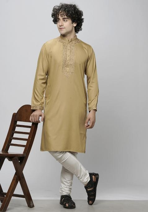 Beige Embroidered Cotton Blend Kurta For Men
