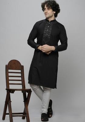 Black Embroidered Cotton Blend Kurta For Men
