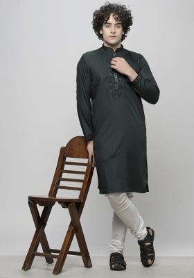 Bottle Green Embroidered Cotton Blend Kurta For Men
