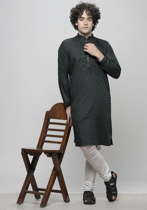 Bottle Green Embroidered Cotton Blend Kurta For Men