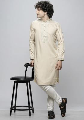 Off White Embroidered Cotton Blend Kurta For Men