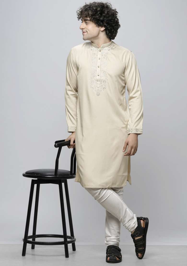 Off White Embroidered Cotton Blend Kurta For Men - Indya