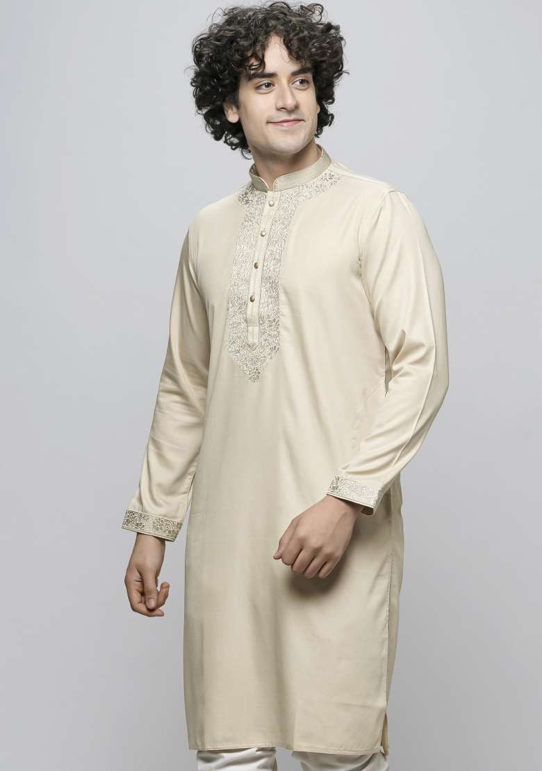 Off White Embroidered Cotton Blend Kurta For Men - Indya