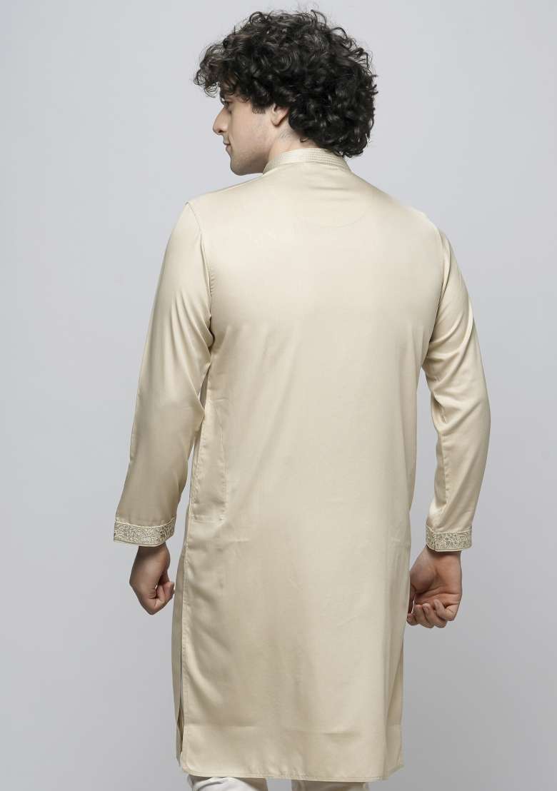 Off White Embroidered Cotton Blend Kurta For Men - Indya