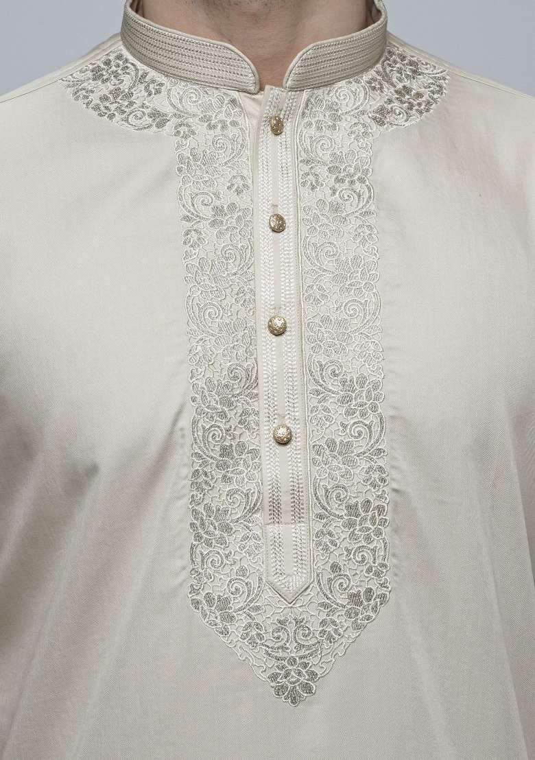 Off White Embroidered Cotton Blend Kurta For Men - Indya