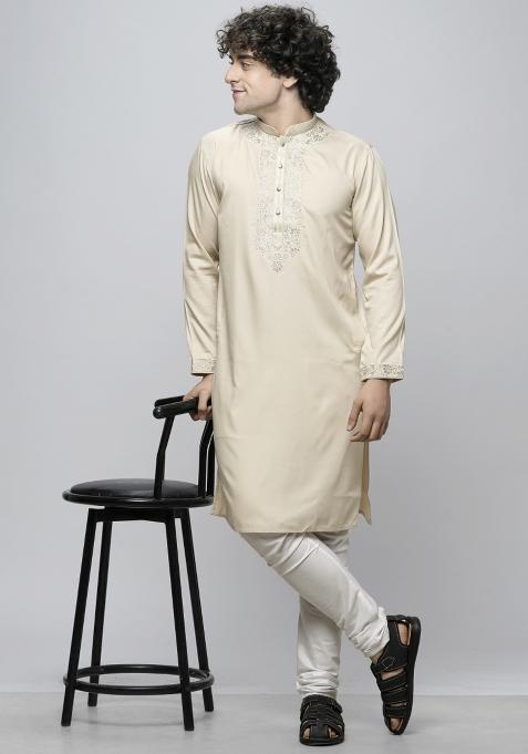 Off White Embroidered Cotton Blend Kurta For Men