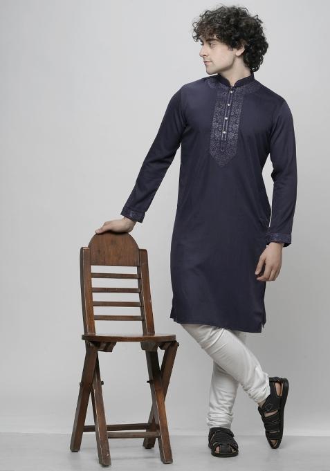 Navy Blue Embroidered Cotton Blend Kurta For Men