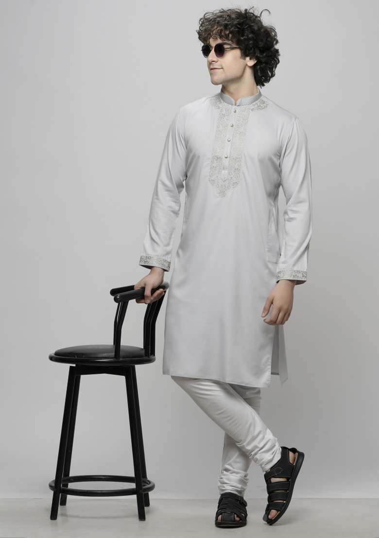 Silver Embroidered Cotton Blend Kurta For Men - Indya
