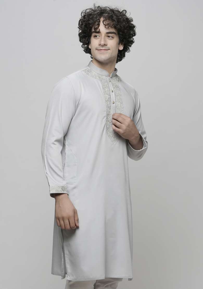 Silver Embroidered Cotton Blend Kurta For Men - Indya