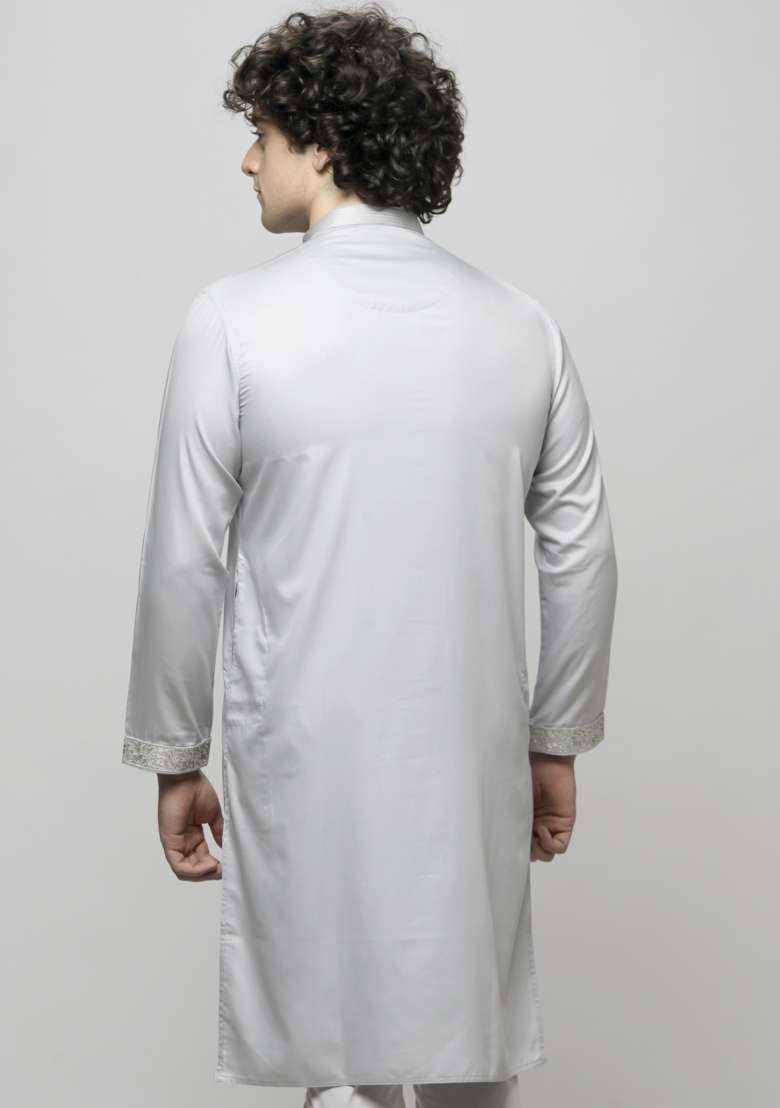 Silver Embroidered Cotton Blend Kurta For Men - Indya