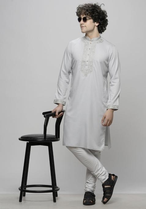 Silver Embroidered Cotton Blend Kurta For Men