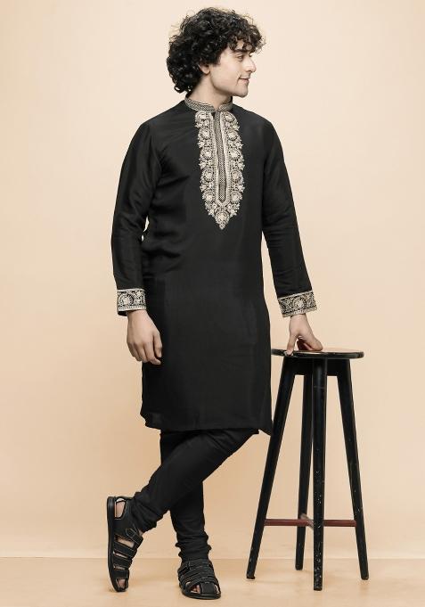 Black Embroidered Cotton Blend Kurta For Men