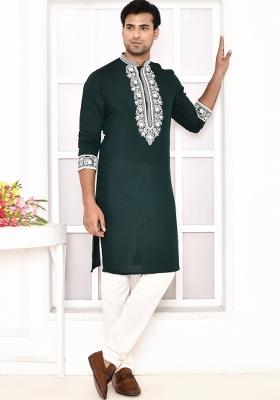 Green Embroidered Cotton Blend Kurta For Men
