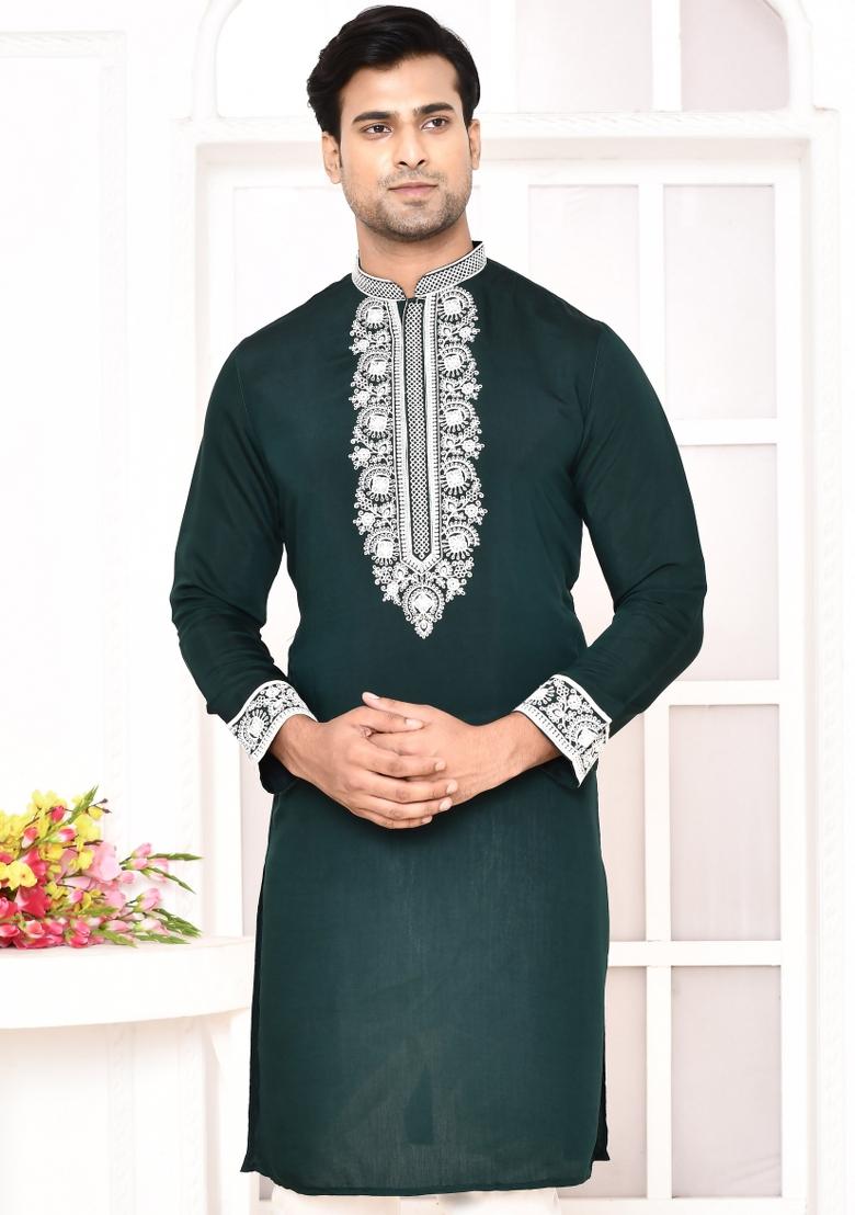Green Embroidered Cotton Blend Kurta For Men