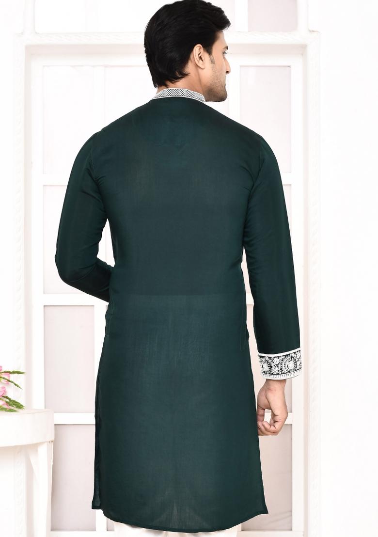Green Embroidered Cotton Blend Kurta For Men