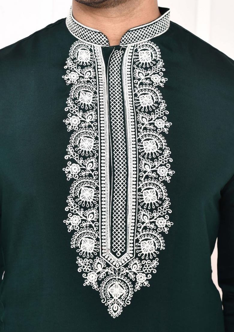 Green Embroidered Cotton Blend Kurta For Men - Indya